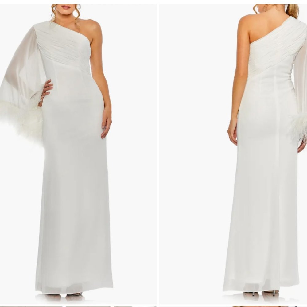 MAC DUGGAL 11442 FEATHER CUFF ONE SHOULDER RUCHED WHITE GOWN sz 8